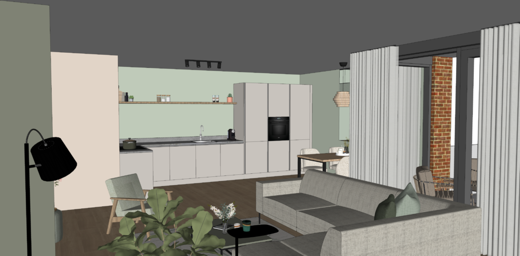 SketchUp ontwerp van de keuken. Nieuwbouw appartement in Pijnacker.