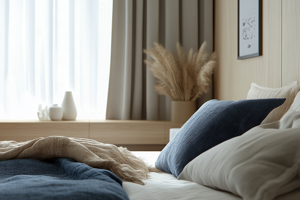 Foto van het interieur van een slaapkamer in de kleur beige met blauwe accenten.