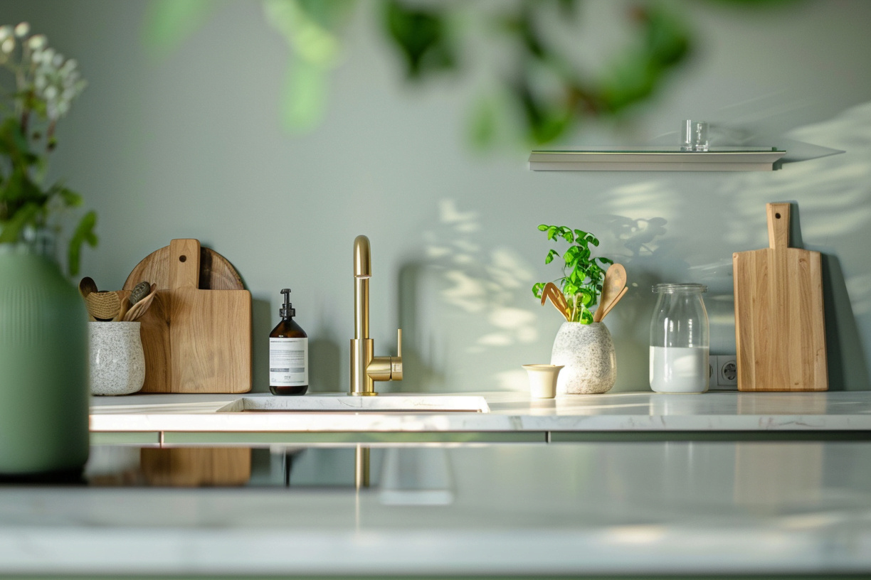 Foto van het interieur van een keuken, waarbij de hoofdkleur lichtgroen is.