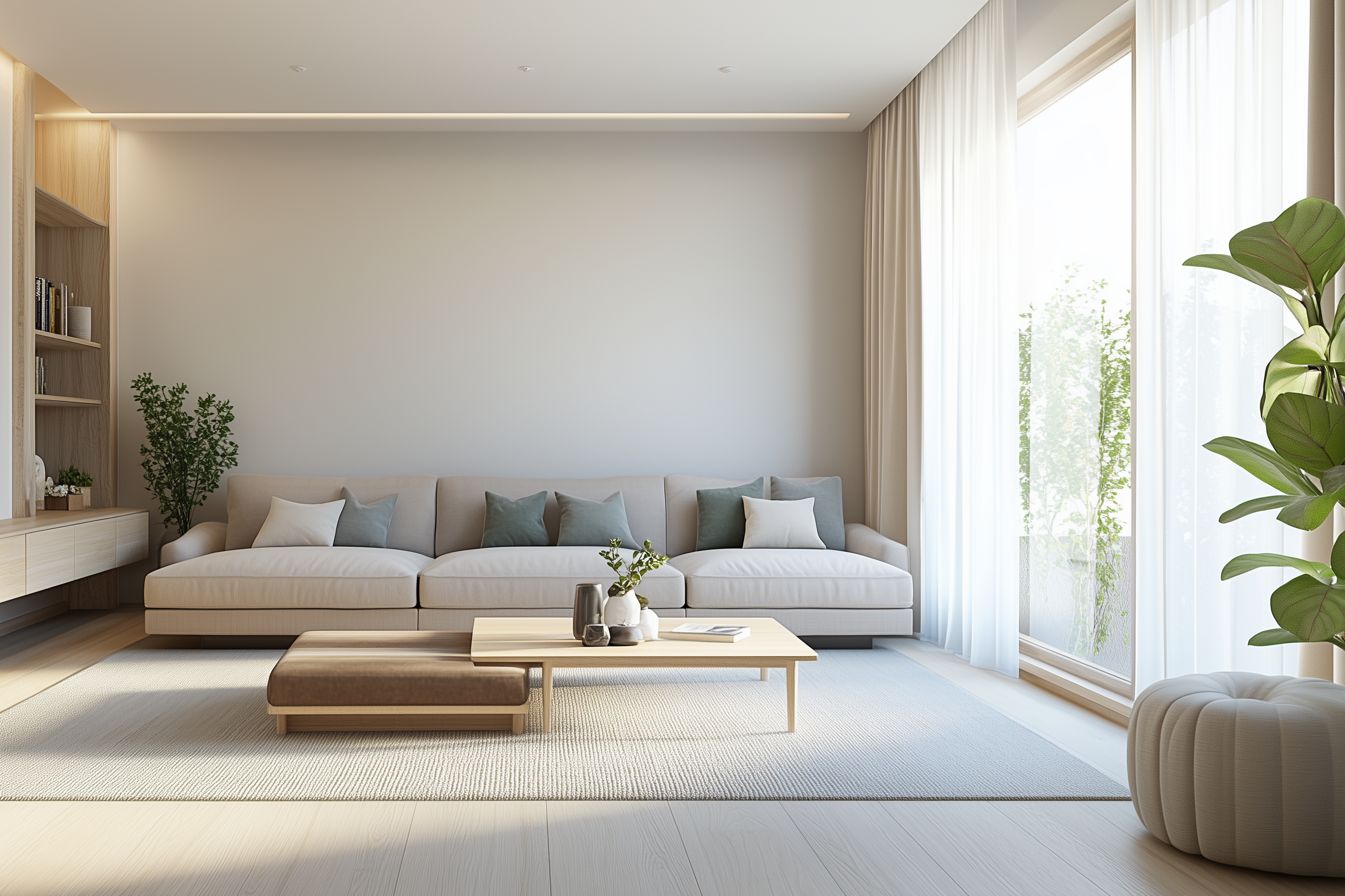 Foto van een modern interieur in een lichte woonkamer met natureltinten.