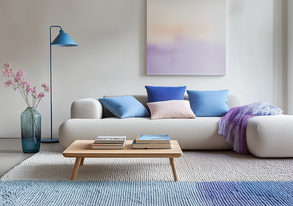 Foto van een woonkamer met blauwe en paarse kleuraccenten